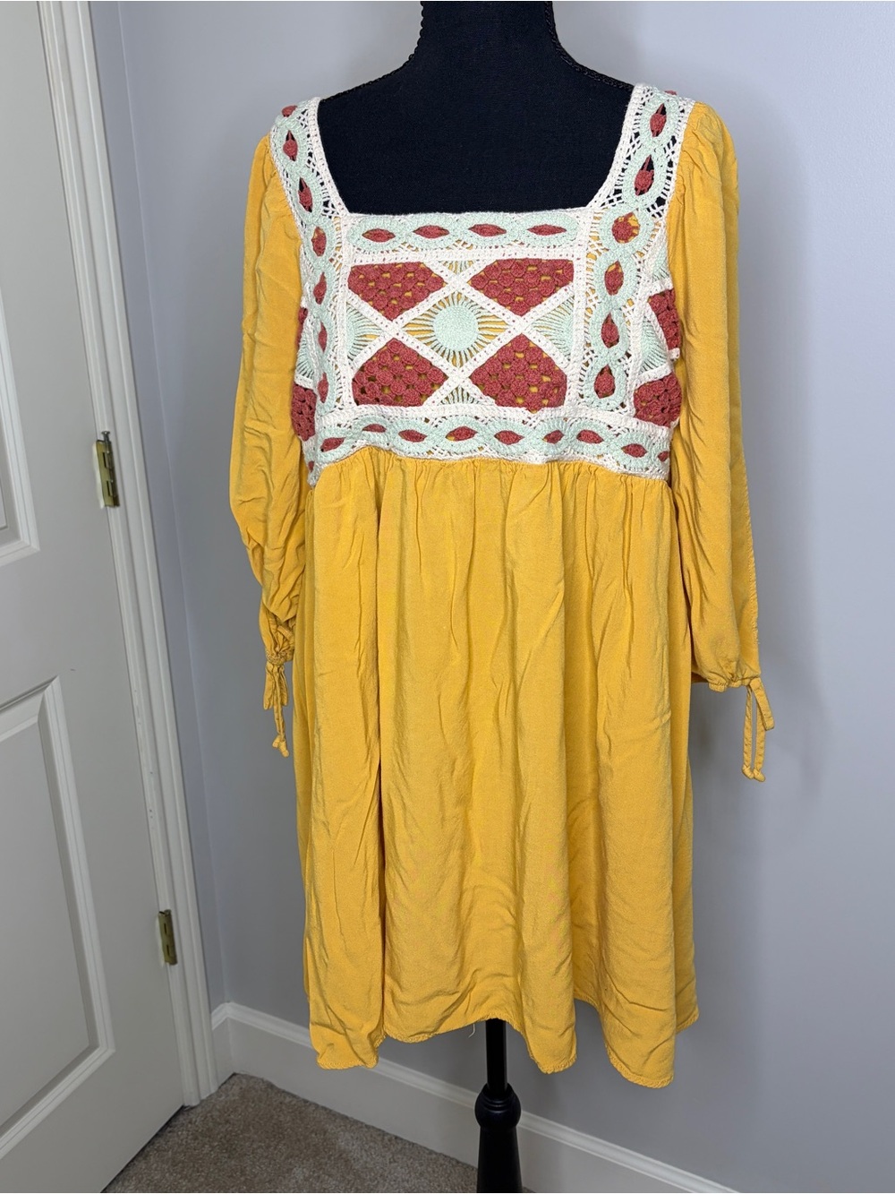 Bohemian Crochet Yoke Dress Mustard with Coral & Teal Crochet Large